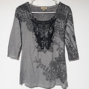 Oneworld Top S Boho Hippie Stretch Knit Sublimated Floral Tunic Shirt Blouse